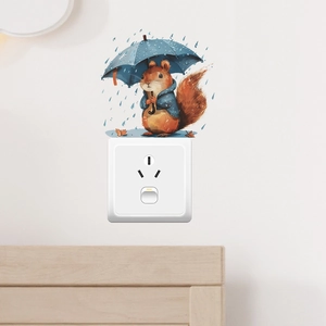 Cartoon squirrel wall sticker with umbrella for kids bedroom and light switch decoration
