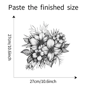 Detail view of monochrome floral wall decal showing 27cm size specifications and sketch style