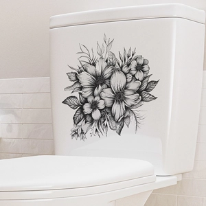 Artistic black hand-drawn floral wall decals for bathroom toilet seat decoration