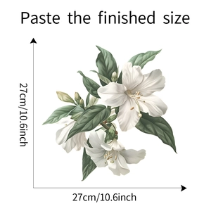 Dimensioni dettagliate per adesivi murali con fiori bianchi e foglie verdi, 27x27cm
