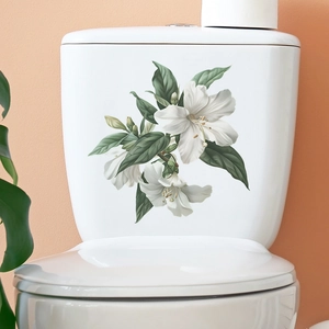 Adesivo per WC autoadesivo con fiori bianchi e foglie verdi per decorazione del bagno