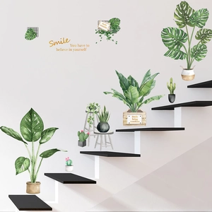 Watercolor monstera and cactus wall decals with golden motivational English quotes