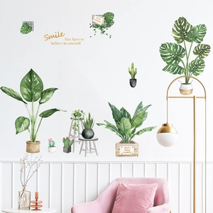 Nordic watercolor monstera and potted plant wall decals for modern living room decor