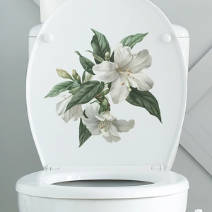 Adesivo floreale per coperchio del WC con gigli bianchi realistici e foglie verdi scuro
