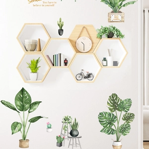 Self-adhesive Monstera leaf wall stickers with Nordic geometric plant pot designs