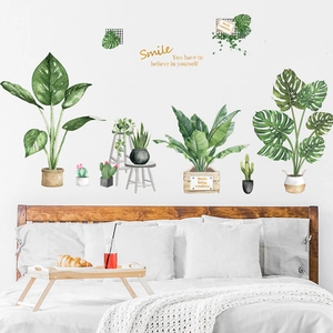 Self-adhesive monstera and cactus wall decals with motivational smile text for bedroom decor