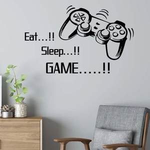 Sticker mural manette de jeu noir créatif avec texte Eat Sleep Game pour décor chambre