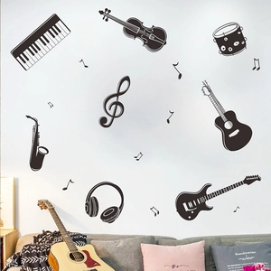 Black musical instrument wall decals featuring piano, guitar and notes for living room decor