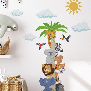 Cartoon animal wall decals with giraffe, lion and elephant for nursery wall decor