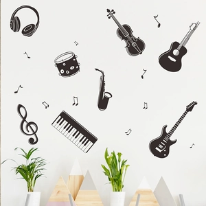 Artistic black music instrument wall stickers with guitar and notes for home decoration
