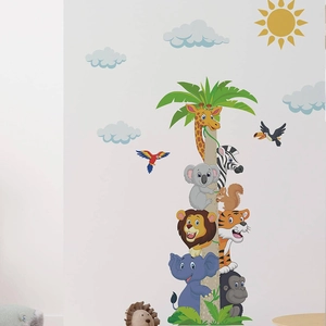 Cartoon animal stack wall decal with giraffe elephant and lion for kids room decor