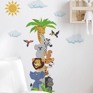 Cartoon animal stack wall decals for kids room featuring giraffe, zebra and palm tree
