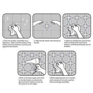 Five-step installation guide for self-adhesive vintage tile stickers on bathroom walls