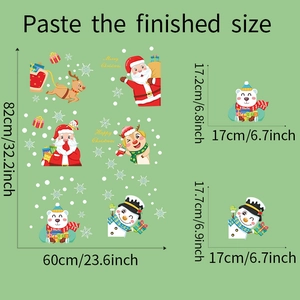 Detail showing Christmas window stickers dimensions with Santa Claus and snowflakes