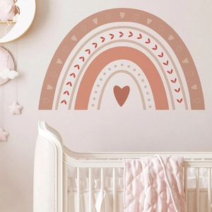 Boho rainbow wall stickers in Morandi tones with hearts for nursery bedroom decor