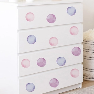 Waterweight colorful watercolor dot wall stickers for kids nursery on white furniture