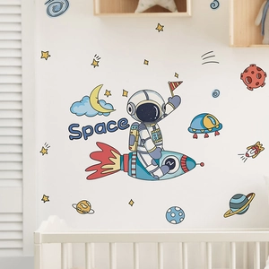 Cartoon astronaut and rocket wall stickers for kids room decoration in soft colors