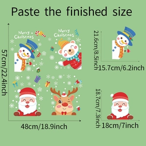 Detailed view of Christmas window stickers with Santa, snowman and reindeer dimensions