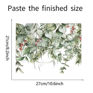 Detail showing watercolor eucalyptus leaves and pine branch wall sticker dimensions 27x21cm