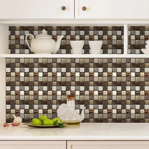 Retro brown mosaic grid self-adhesive wall tile stickers for kitchen backsplash decoration