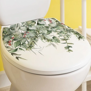 Christmas greenery plant stickers on white toilet lid with watercolor eucalyptus and berries