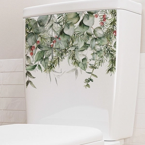 Waterproof Christmas greenery wall stickers with eucalyptus and berries on toilet tank