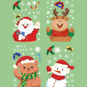 Christmas window stickers featuring cartoon Santa Claus, elk, bear and snowman designs
