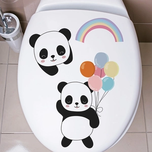 Cartoon Panda und Regenbogen Wandsticker für Badezimmer Deko auf weißem Toilettendeckel