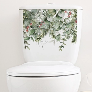 Self-adhesive eucalyptus leaves and red berries toilet tank sticker for home decor