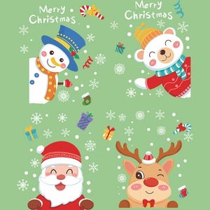Detailed view of Christmas window stickers featuring snowman, Santa and reindeer patterns