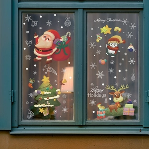 Cartoon Santa and reindeer Christmas static window stickers for festive glass decoration