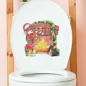Christmas fireplace and socks watercolor toilet lid sticker home wall decor