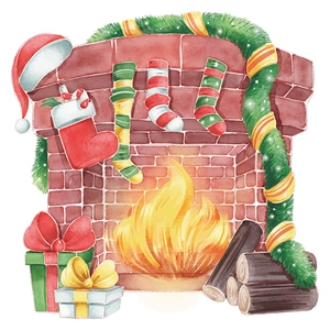 Detailed watercolor Christmas fireplace wall sticker with stockings and gift boxes