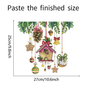 Christmas wall decal featuring pine cones, red house, and bells, 27cm x 25cm size detail