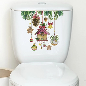 Christmas toilet tank sticker with red birdhouse, ornaments, and festive greenery decor