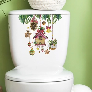 Christmas Birdhouse Plant Toilet Sticker PVC Waterproof Removable Wall Decal Festive Home Bathroom Decoration Mural