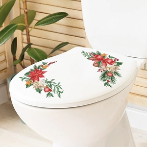 Christmas toilet seat sticker with poinsettia flowers, red bows and green pine leaves