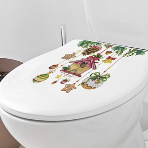 Christmas hanging plants and birdhouse stickers on white toilet cover for home decor