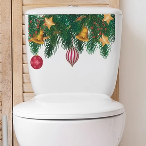 Christmas tree bells and red berries self-adhesive toilet tank decal for holiday decor