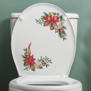 Christmas Toilet Lid Decal PVC Self Adhesive Poinsettia Red Bow Pine Needle Festive Bathroom Wall Sticker Home Decoration