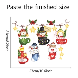 Detail showing Christmas wall stickers with snowman and bear icons, 27cm x 21cm size guide