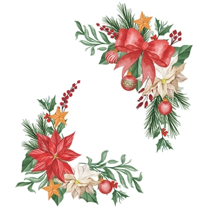 Detail of watercolor Christmas poinsettia stickers with festive bow and holly leaves