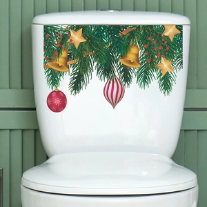 Christmas Toilet Sticker Pine Branches Golden Bells Stars Decal PVC Waterproof Wall Art For Bathroom Home Holiday Decor