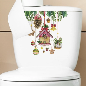 Watercolor Christmas toilet stickers with house and pinecone decorations for bathroom