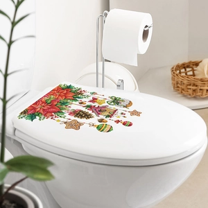 Sticker pour abattant de WC de Noël avec fleurs de poinsettia et maison en pain d'épice