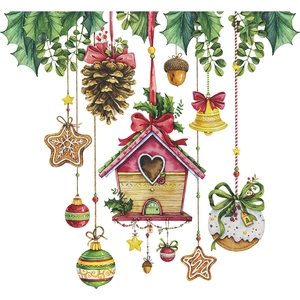 Detailed watercolor Christmas stickers featuring pinecones, bells and holly leaves