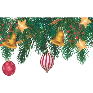 Detail of Christmas tree wall sticker with gold bells, pine needles and red berries