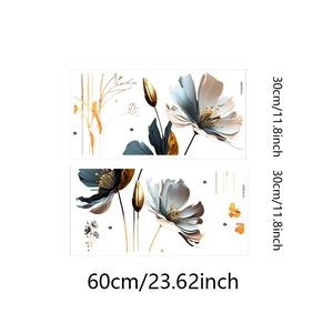 Detail of floral wall stickers showing 30x60cm dimensions and blue-gold flower layout