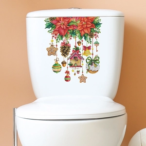Sticker de Toilette PVC Noël Poinsettia Nichoir Autocollant Mural Amovible Pour Salle de Bain Maison Décoration de Fête