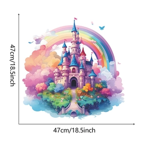 Detailed dimension guide for self-adhesive dream castle wall sticker with rainbow elements